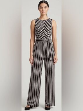 Du Jour Black & Mauve Striped Sleeveless Jumpsuit w Tie Waist Size Medium